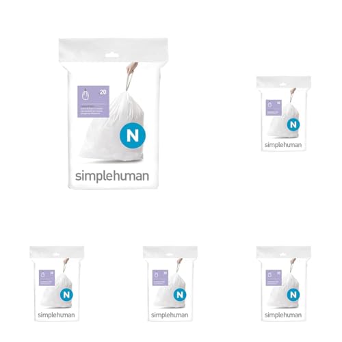 Image of simplehuman Code N Custom Fit Drawstring Trash Bags in Dispenser Packs, 20 Count, 45-50 Liter / 12-13 Gallon, White (Pack of 5)
