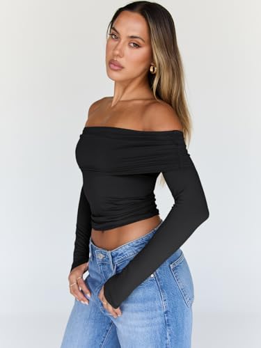 Trendy Queen Women Long Sleeve Shirts Off Shoulder Tops Going Out Crop Sexy Slim Fitted Y2K Fall Outfits 2025 Fashion Clothes3