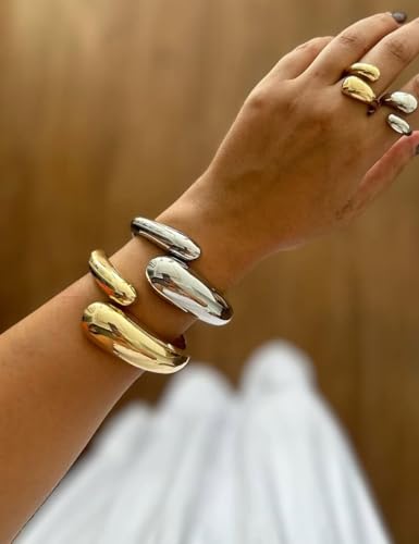 Image of Chunky Gold Bangle Bracelets for Women, Dainty 14k Gold Plated Big Stackable Bangles Set, Trendy Statement Cuff Bracelet Stack Fashion Jewelry Gifts