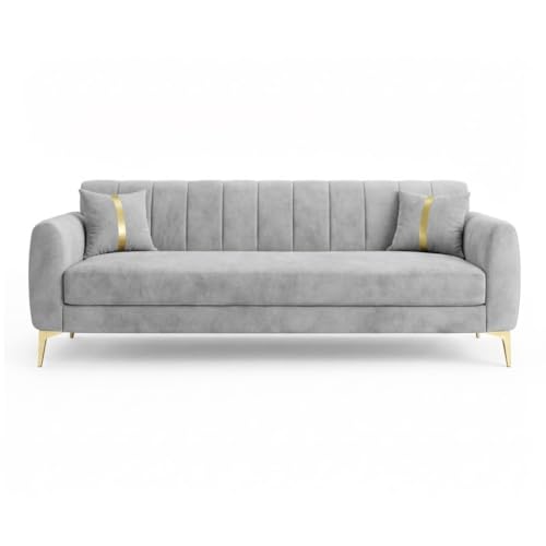 Image of Hermione Luxe Velvet-Suede Fabric 3 Seater + 1 Seater + 1 Seater Sofa Set | Golden Legs | Comfortable & Spacious Seating | Modern Sofa Set for Living Room - Light Gray