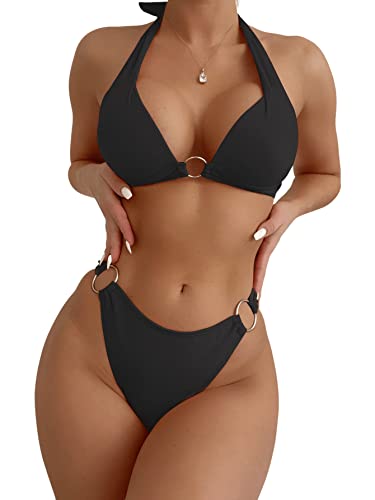 SweatyRocks Women's Ring Linked Halter Push Up Bikini Swimsuit High Stretch Bathing Suit Swimwear Set Swimming Suit Two Piece