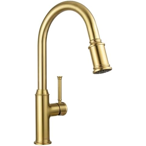 Lava Odoro Curtura Gold Kitchen Faucet with Pull Down Sprayer, Gold Single Handle Kitchen Sink Faucet, Brushed Brass Faucet for Kitchen Sink 1 Hole and 3 Hole, Deck Plate Included, KF421-SG Cover