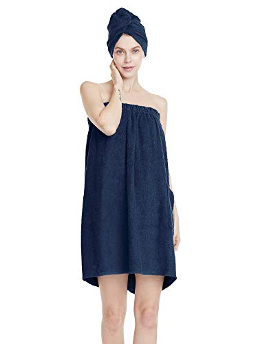 SIORO Body Wraps for Women Bamboo Cotton Spa Towel Wrap with Closure and Hair Bath Wrap Set, Plush Gym Pool Towel Robe Sets, Navy Medium