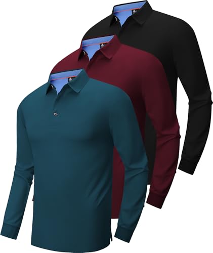 V VALANCH 3 Pack Men's Long Sleeve Polo Shirts Moisture Wicking Golf Polos Business Travel Casual Collared Shirt
