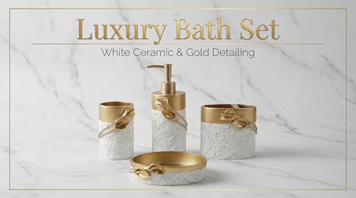 Hymmah Bathroom Accessories Set,Golden Design Toothbrush Holder,Farmhouse Bathroom Decor,4 Pcs Resin Gift Set Apartment Necessities, Contain Toothbrush Cup,Soap Dispenser,Soap Dish,Tumbler