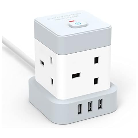 Baykul Extension Lead Cube Power Strip with 3 USB Ports (5V/2.4A) 4 Way Plug 2M Extension Cord Cable Multi Plug Extension Socket for Home Office Travel Cover