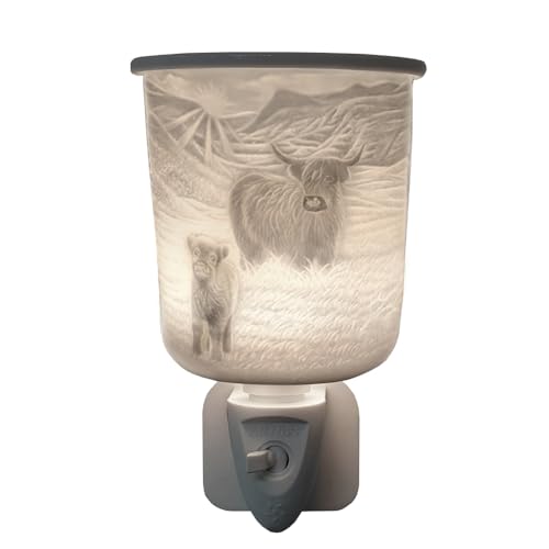 Cello Plug In Wax Melt Burner - Highland Cow Design - Oil Burner. The Electric Wax Burner Creates a Stunning Illumination of a Cow. Highland Cow Gifts Ornament and Porcelain Decor.