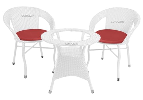 Image of Rattan Wicker Garden Patio Seating Chair and Table Set for Outdoor Balcony Garden Coffee Table Set Furniture with 1 Table and 2 Chair with Red Cushion (White)