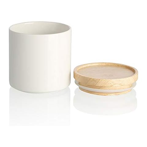 Sweejar Kitchen Canisters Ceramic Food Storage Jar, Stackable Containers with Airtight Seal Wooden Lid for Serving Ground Coffee, Tea, Sugar, Salt and More - 16 Fl Oz (White) Cover