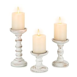 Wood Candle Holders for Pillar: Rustic Candles Holder Set of 3 Tall Table Centerpiece Decor Wooden White Farmhouse Decorations for Fireplace Mantle