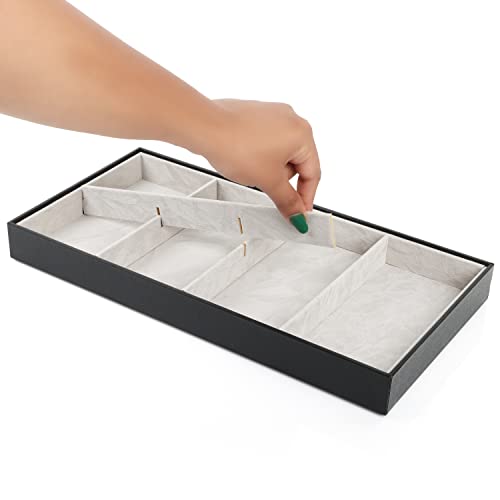 BELLE VOUS 3 Pack Black Faux Leather Stackable Jewellery Organiser Storage Trays - 18 x 36 x 3.6cm/7.09 x 14.17 x 1.42 Inches - Dresser Drawer Display Boxes for Necklaces, Rings, Bracelets & Earrings - Image 3