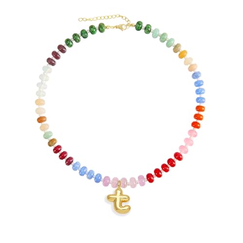 Hoifu Boho Colorful Beaded Necklace with Gold Bubble Letter A-Z Pendant Handmade Trendy Beach Initial Necklace Chain 14K Gold-Plated Natural Stone Choker Perfect Jewelry Gift for Women(Gold T)