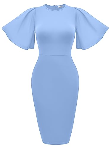 Image of Memoriesea Women's Basic Bodycon Ruffle Flared Short Sleeve Pencil Midi Dress