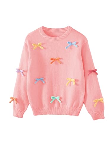 WDIRARA Girl's Bow Crew Neck Sweater Long Sleeve Drop Shoulder Knitwear Cozy Pullover Top Pink 7Y