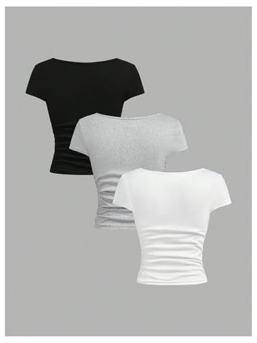 Soly Hux Girl'S Short Sleeve T Shirts 3 Piece Basic Scoop Neck Tees Slim Fit Casual Summer Tops Black Grey White 11Y thumb #1