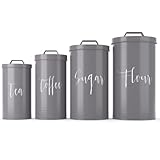 Metal Farmhouse Canister Sets for Kitchen Counter, Vintage Kitchen Canisters, Food Storage jars for the Kitchen, Coffee Tea Sugar Flour Charcoal Kitchen Decor, Metal, Set of 4