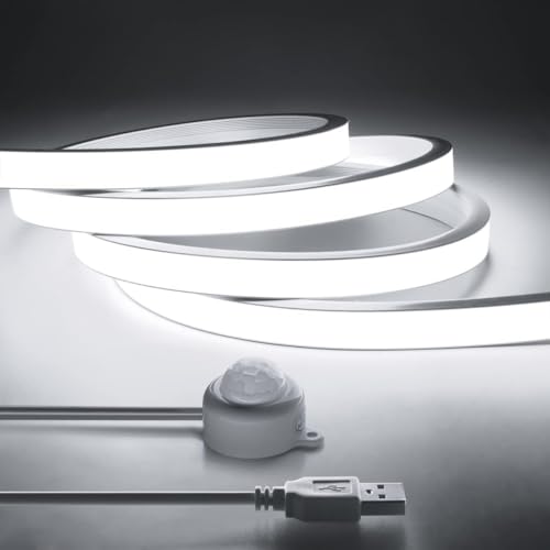 Image of 5V USB Motion Sensor COB LED Light Strip 3.3FT /1M Motion Activated Indoor Under Bed Lights Under Cabinet Lights 6500K White Neon LED Strip for Stairs, Under Bed, Closet, Cabinet
