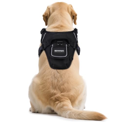 Hjumarayan Hundegeschirr Grosse Hunde, Anti Zug Hundegeschirr mit Frontring, mit Tasche für GPS Tracker, Geschirr Gepolstert mit Griff, Anti Zieh Geschirr für Bulldogge, Husky, Labrador, Schwarz L