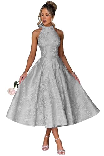 EBAKUS Jacquard Floral Satin Prom Dresses Midi Elegant A-Line Party Gowns for Women Silver Halter...