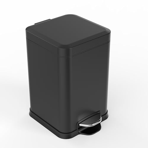 Image of Ruacq Small Bathroom Trash Can with Lid Soft Close,Step Pedal, 1.6 Gallon /6 Liter Bathroom Garbage can with Removable Inner Bucket,Stainless Steel Trash Bin,Anti-Fingerprint Finish (Matt Black)