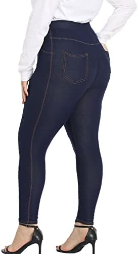 Plus Size Jeggings for Women High Waist Stretch Denim Jean Look Leggings with Pockets Pull On Blue 3X