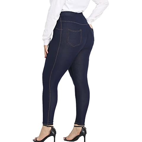 Plus Size Jeggings for Women High Waist Stretch Denim Jean Look Leggings with Pockets Pull On Blue 3X Cover