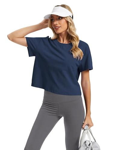 Image of SMENG Women's Workout Crop Tops UPF50+ Cotton Soft Breathable Tshirt Loose Short Sleeve Yoga Athletic Shirt