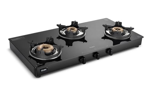Image of Glen 3 Burner PNG Gas Stove | Toughened Glass Top | Brass Burners | Manual Ignition | 360 Revolving Nozzle | Crown Pan Supports | Black | 5 Years Warranty on Glass, Valve And Burner