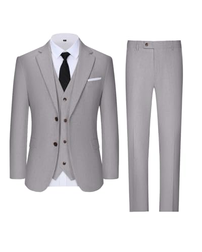 Mens Linen Suit Slim Fit Beach Prom Dress Lightweight Tuxedos Jacket Set Wedding Outfit for Men Blazer Vest Pants Grey XL3