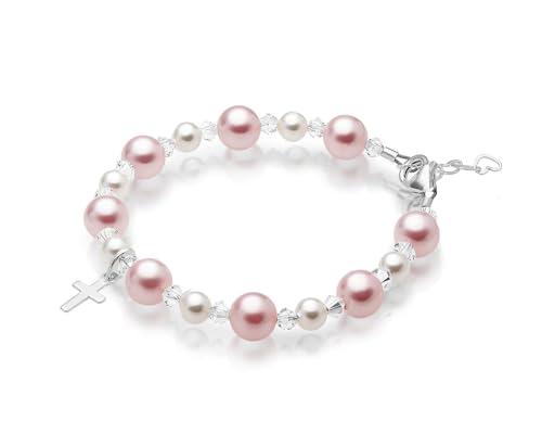 Sterling Silver Cross Charm Pearl Bracelets for Girls - Baptism Gifts for Girl with Rosaline, White Simulated Pearls, First Communion, Christening, Keepsake Girls Jewelry Birthday Gift4