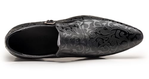 Santimon Men's Genuine Leather Monk Strap Formal Dress Shoes, Pointed Toe Penny Loafers with Buckle, Stylish Embossed Business Casual Shoes for Men3