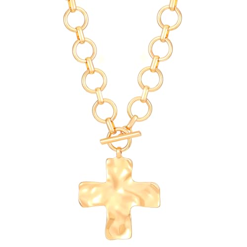 ERLOSYA Collar de cruz chapado en oro de 14 quilates para hombres y mujeres, joyería simple de moda, regalo de acero inoxidable, collar con colgante de crucifijo para hombres y mujeres, big, Metal