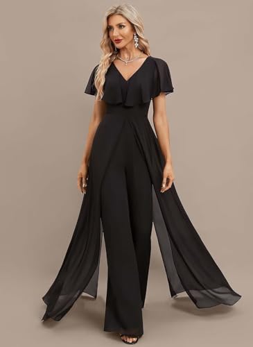 Women's Bridesmaid Pant Suits Chiffon V Neck Outfit Set Evening Gowns Jumpsuit Wedding Party with Puffy Sleeve2