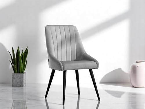 Image of Finch Fox Morris Velvet Dining Chair for Living Room, Bedroom, Home Office with Black Metal Legs in Light Grey Color