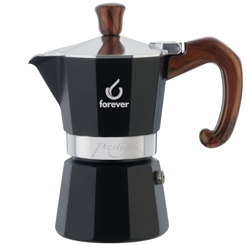 FOREVER Caffettiera Moka 2 Tazze Alluminio, Miss Moka Prestige Radica, Caffettiera Moka per Casa, Caffettiera Portatile per Viaggio, Tazze di Caffè, inclusa Guarnizione in Silicone