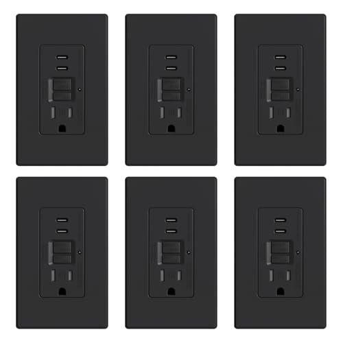 ELEGRP GFCI Outlet with USB Ports, 15 Amp Self-Test GFCI Combination with Dual USB C Ports, 24W Max Total Output, Tamper Resistant GFCI USB Outlet with Wall Plate, UL Listed, Matte Black, 6 Pack