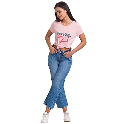 Image of Spykar Women's Cotton Printed Slim Fit T-Shirt