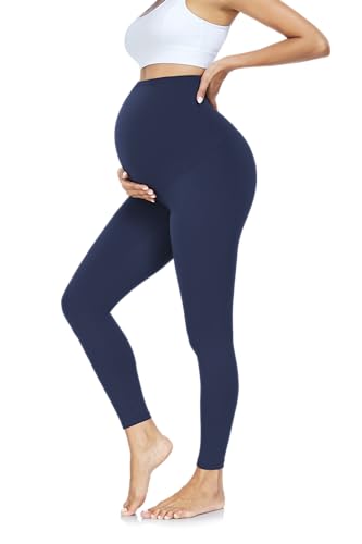 FuelMeFoot Leggings de maternidad para mujer, cintura alta, opacos, elásticos, suaves, largos, yoga., azul marino, S