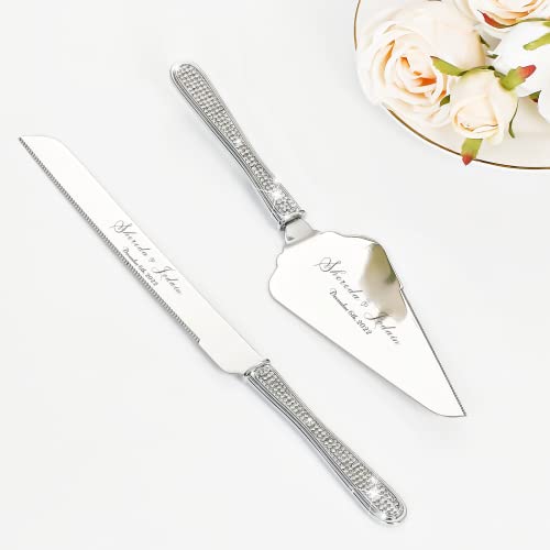 Wedding Cake Knife And Server Set, Personalized Cake Cutting Set, Engraved Elegant Cake Cutters With Sparkling Diamonds, Custom Pie Spatula And Cake Knife, Birthday Bridal Quinceañera Gift (Silver 2) #TOP6