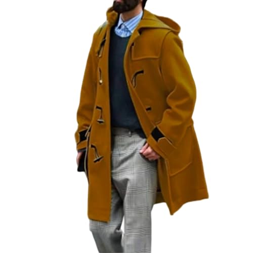 Mens Duffle Coat Wool Blend Single Breasted Walking Toggle Coats Mid Long Trench Coat with Hood for Big and Tall Men