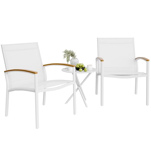 Image of Shintenchi 3 Pieces Patio Bistro Sets, Outdoor Textilene Fabric Conversation Bistro Set, Textilene Fabric Front Porch Chairs Small Patio Furniture Set with Table for Lawn,Garden,Balcony (White)