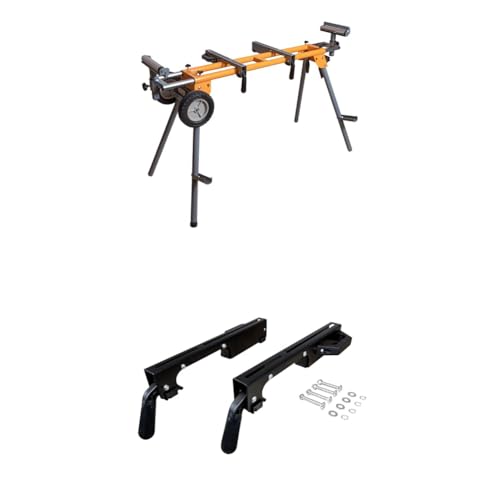 POWERTEC Folding Miter Saw Stand with Wheels, Outlets and Quick Release Brackets Bundle with Miter Saw Stand Mounting Brackets