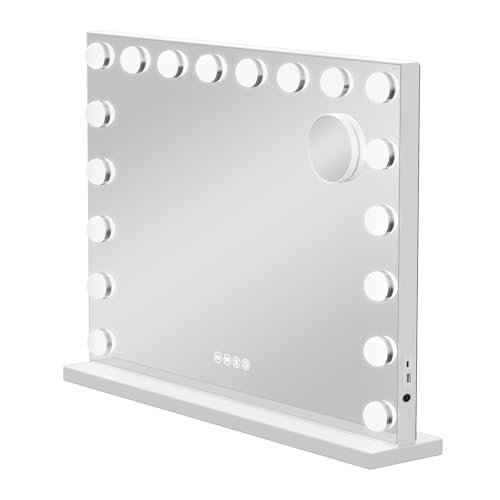 Moziel Espejo de Maquillaje con Bluetooth, 80 x 60 cm, Espejo tocador con Luces de 18 LED Hollywood, montado en la Pared o en la Mesa, 3 Colores de luz y función de Brillo Ajustable