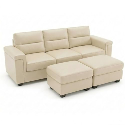 Image of FURNY Parker 3 Seater Sofa Set with 2 Ottoman | Premium Leatherette Finish | Durable Comfort Sofa for Modern Living Room & Office Spaces
