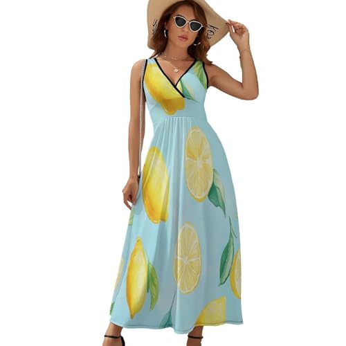 Robe longue femme été sans manche col en V pour la plage imprimé citron