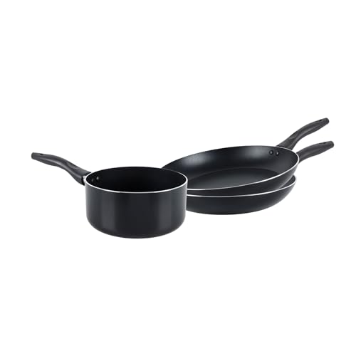 Crealys 546266 Lot de 2 poêles 24/28 cm + 1 casserole de 18 cm – Batterie de cuisine en aluminium noir compatible induction anti-adhésive sans PFOA – Manche en bakélite noire