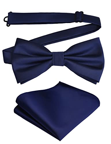 Branduce Mens Navy Blue Bow Tie and Pocket Square Set for Wedding Silk Pre-tied Adjustable Solid Bowtie Handkerchief (BB01-06)