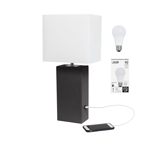 Elegant Designs LT1053-BWN-LB Modern Leather Wrapped Table Lamp with USB Port for Living Room, Hallway, Entryway, Bedroom, Office, Brown, with Feit LED Bulb Included