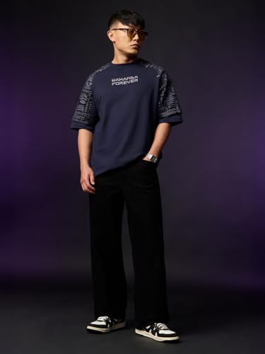 Image of The Souled Store: Black Panther Wakanda Forever Men and Boys Short Sleeves Round Neck Graphic Printed Cotton Oversized Comfortable Lightweight All-Season T-Shirt