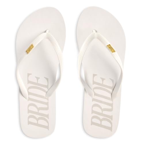 xo Fetti Bride Flip Flops - Size Medium| Bachelorette Party Sandals Beach Wedding Bride To Be Accessories Bach Weekend Cream Neutral Gold Charm
